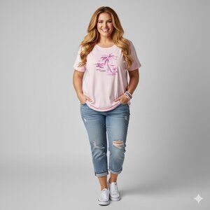 Coral Bay Woman 2X Pink Graphic T-Shirt Palm Tree Tropical Beach Short Sleeve